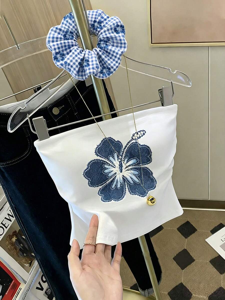 Franclia 夏日風情女款時尚百搭扶桑花印花抹胸上衣、扶桑花牛仔紋理印花抹胸上衣、牛仔效果抹胸上衣、適合日常穿著的抹胸上衣 - 藍色 - 查看 1
