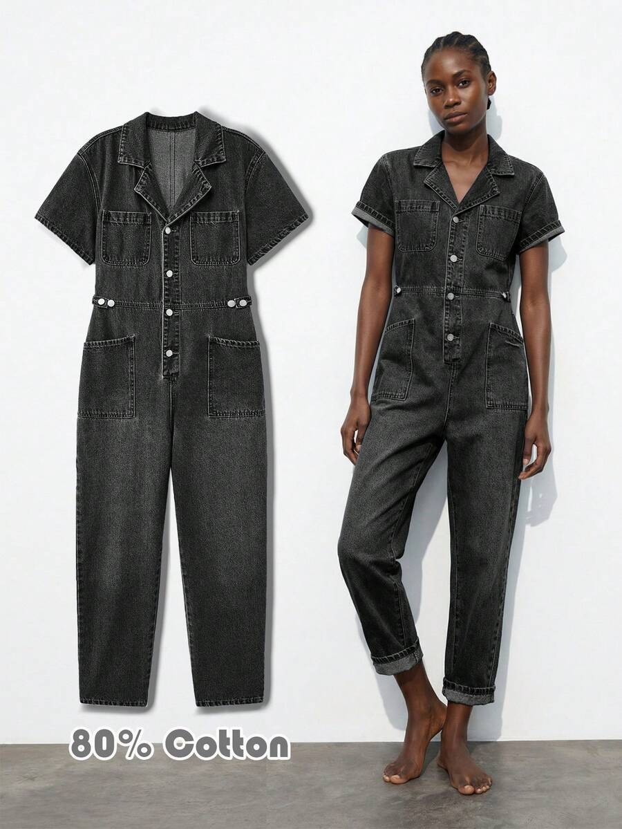 Maija 女款翻領短袖雙口袋休閒牛仔連身褲 - 黑色 - 查看 1