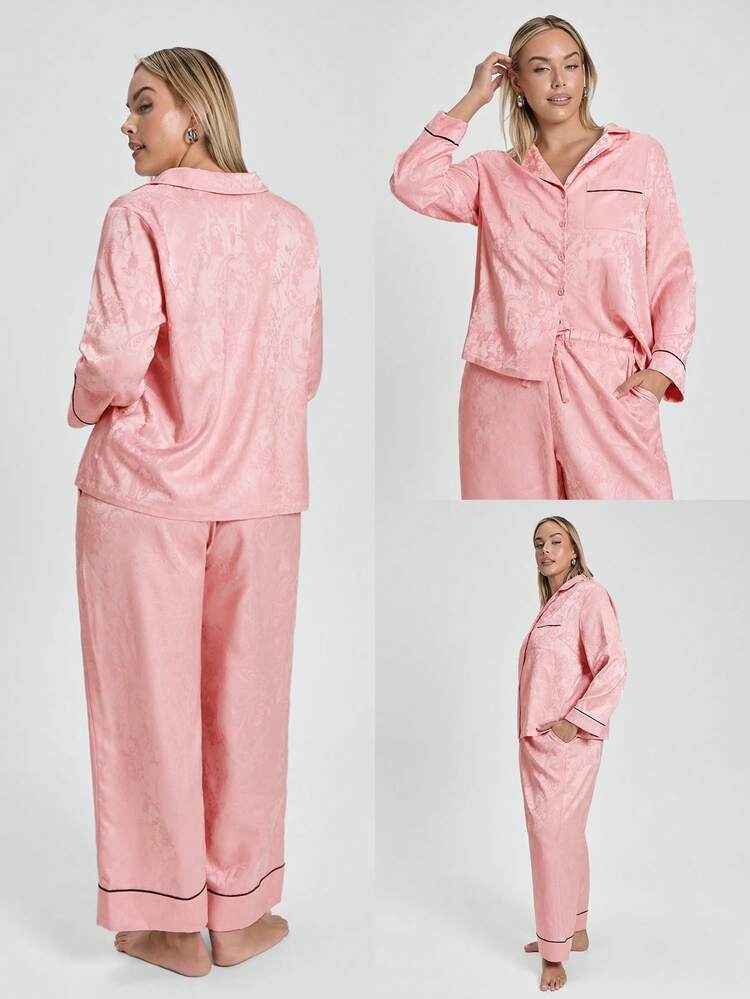 Plus Size Pink Satin Pajama Set