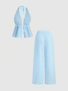 Conjunto de top halter con espalda descubierta y pantalones rectos de pierna ancha con textura y rayas, adecuado para primavera y verano, ideal para viajes y vacaciones - Azul - Ver 2