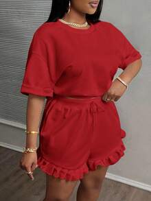 Slaydiva 2pcs/Set Plus Size Women Casual Cowboy Sports Basic Plain Red Short Sleeve T-Shirt And Pleat Hem Shorts Brunch Office Work Summer - Red - View 2