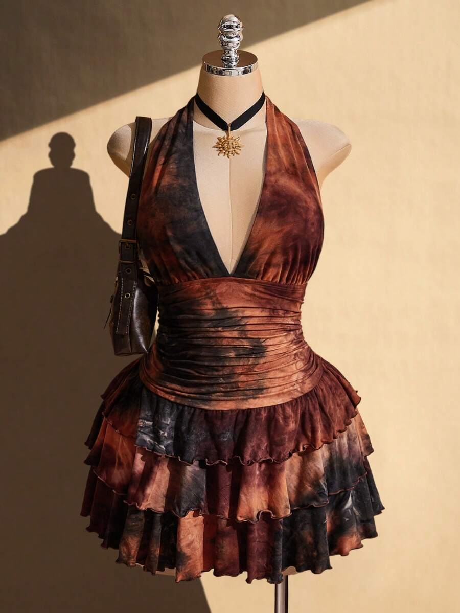 SHEIN ICON 女款大尺碼紮染深V領多層荷葉邊掛脖洋裝 - 彩色 - 查看 1