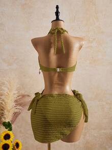 Bellisia 26SS Spring/Summer Vacation Apricot Vintage Square Neck Slimming Braided Rope Starfish Shell Square Neck One-Piece Top And Skirt Swimsuit 2-Piece Set - Army Green - View 2
