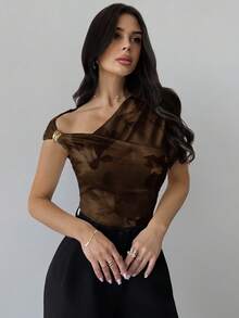 Firerie Women's Modest T-Shirts, Spring/Summer New Minimalist Elegant Daily Commute Date Night Asymmetric Shoulder Cross Wrap Metal Accessory Decor Slim Fit - Brown - View 7