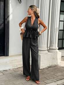 Serisse Casual Minimalist Black And White Striped Print Pattern Women's Front Tie Sleeveless Shirt And Pants Two Pieces Set Vacation Summer - Black - View 5
