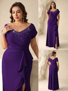 Coutiva Plus Size Solid Color Rhinestone Decorated V-Neck Short Sleeve Mother Of The Bride Dress - Purple - View 3