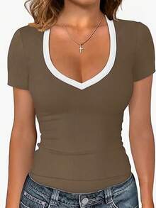 EMERY ROSE Women's Summer Casual Sexy Color Block Collar T-Shirt Daytime White And Brown Everyday - Brown - View 1