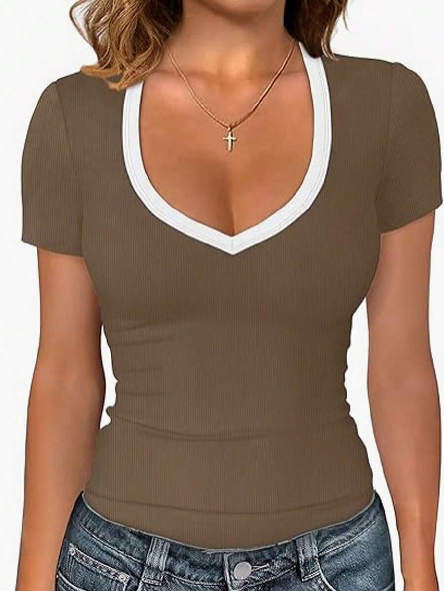 EMERY ROSE Women's Summer Casual Sexy Color Block Collar T-Shirt Daytime White And Brown Everyday - Brown - View 1