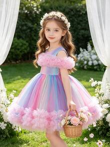 Glamorique Kids 女童彩虹渐变露肩公主薄纱连衣裙，时尚靓丽，适合3-10岁女孩，适合派对、庆典和特殊场合。 - 彩色 - 查看 6