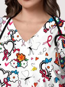 PopScrub Atasan Wanita Ukuran Besar Warna Putih Motif Kartun Bunga, Kupu-kupu, dan Pita, Model V-Neck Lengan Pendek dengan Saku, Tali Telinga, dan Desain Belahan, Atasan Seragam Kerja, Seragam Perawat Musim Semi/Panas, Atasan Seragam, Cocok untuk Rumah Sakit, Salon Kecantikan, dan Berbagai Institusi - MultiWarna - View 4