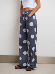 Nöista Jeans de pierna ancha con lunares y cintura alta para streetwear, festival y estilo Y2K. - Azul - Ver 4