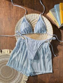 Swim Vcay 3 PiecesBohemian Style Crochet Fabric Drawstring Swimwear Cover-Up Bikini Set - Baby Blue - View 2