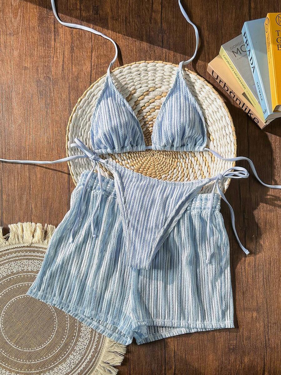Swim Vcay 3 PiecesBohemian Style Crochet Fabric Drawstring Swimwear Cover-Up Bikini Set