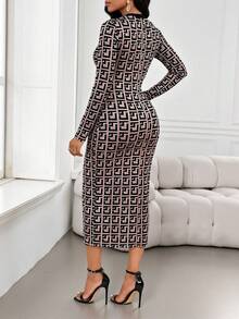 SHEIN Lady Đầm dài tay ôm dáng thanh lịch dành cho nữ, họa tiết hình học, thiết kế cài nút. - màu nâu - Xem 3