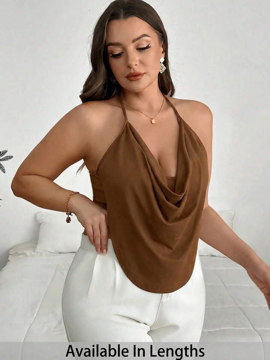 SHEIN PETITE CURVE Tank Top Halter Seksi Wanita Ukuran Plus Warna Polos dengan Kerah Model Cowl - Coklat - View 1