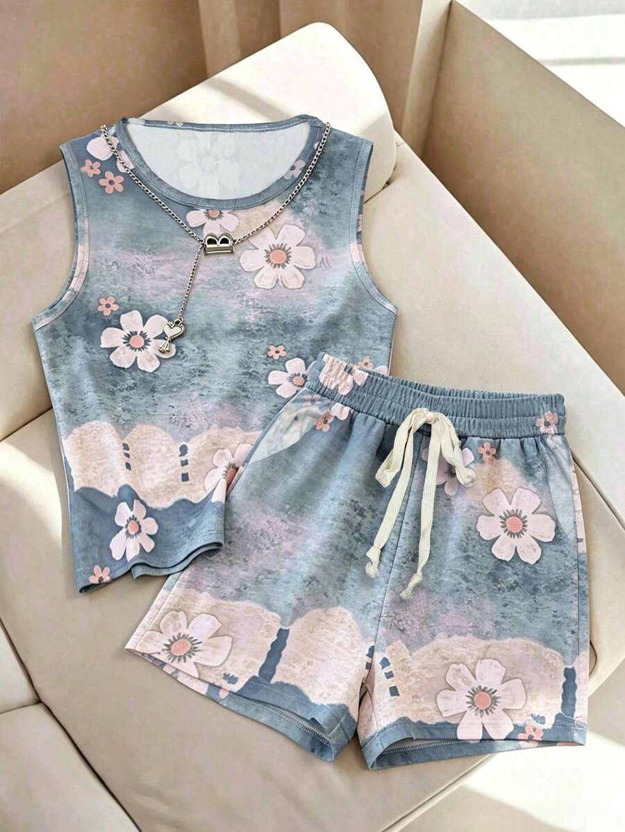 SHEIN LUNE 两件套女士复古休闲印花背心,舒适的印花图案,适合休闲度假,春夏穿着。 - 彩色 - 查看 1