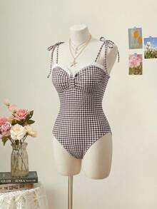 SHEIN MOD 女款格紋連身泳衣，適合海灘度假、泳池派對、海灘派對 - 咖啡棕 - 查看 3