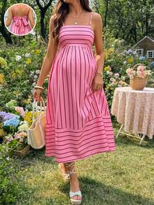 SHEIN 孕婦夏季休閒條紋露背細肩帶洋裝 - 粉色 - 查看 5