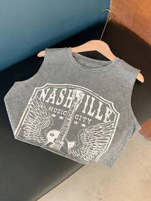 Comfortcana Tank Top Wanita Model Crop Boxy Leher Bulat dengan Motif Gitar, Atasan Musim Panas - Dark Grey - View 3