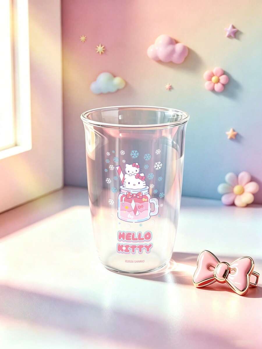 HELLO KITTY AND FRIENDS | SHEIN 1個 Hello Kitty 透明玻璃隨行杯,可愛冬季雪花與飲品印花高硼矽耐熱飲水杯,日系可愛風咖啡杯女款,適合居家、辦公室及日常飲用 - 彩色 - 查看 1