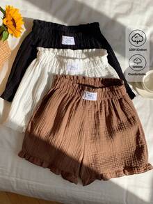 Comfortcana Set 3 Potong Celana Pendek Wanita Kasual Warna Polos dengan Tekstur dan Detail Ruffle di Bagian Bawah - MultiWarna - View 1