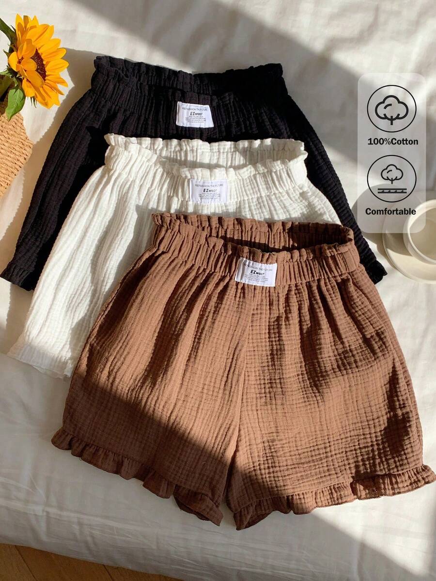 Comfortcana Set 3 Potong Celana Pendek Wanita Kasual Warna Polos dengan Tekstur dan Detail Ruffle di Bagian Bawah - MultiWarna - View 1