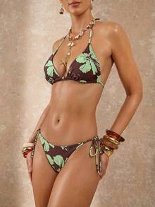 Lumalex 2pcs Floral Print Halter Neck Back Tie Open Back Triangle Bikini Top & Bikini Bottoms, Fashion Sexy Beach Seaside Pool Water Sports Women's Summer Bikini Set - Multicolor - View 13