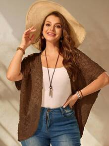EMERY ROSE Chaqueta casual de talla grande para vacaciones con unicolor, dobladillo asimétrico y mangas de murciélago, primavera/verano - Marrón Chocolate - Ver 4