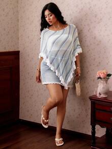 CovetEZ Blue & Yellow Striped Mesh Knit Plus Size Beach Cover-Up, New Spring/Summer - Multicolor - View 8