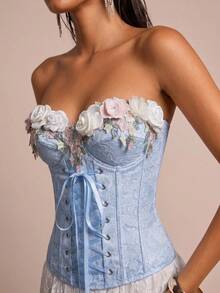 Glamine Charm Women's 3D Flower Decor Lace-Up Design Bandeau Top - Blue - View 1