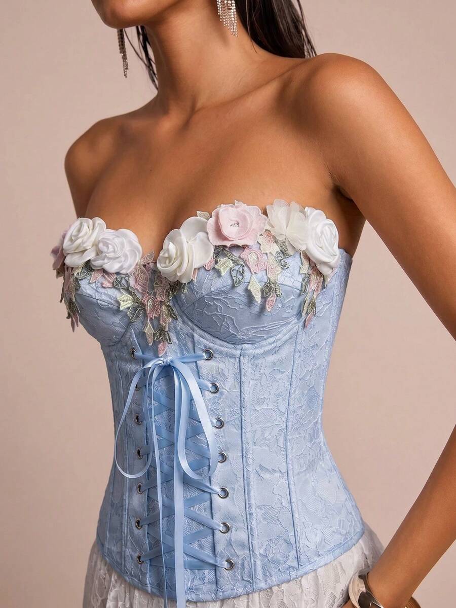 Glamine Charm Women's 3D Flower Decor Lace-Up Design Bandeau Top - Blue - View 1