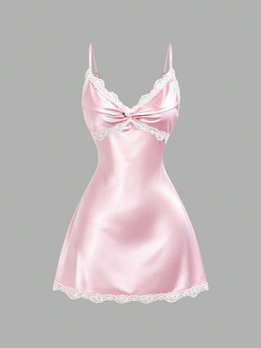 Sweetra Pink Lace Trim Adjustable Strap A-Line Dress,Soft And Seductive Summer Style Suitable For Aniversary Going Out,Date,Beach And Casual Outing Lace Sexy - Pink - View 1