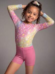 Young Girls' 3 PiecesClothing Set, Gymnastics Leotard, Shorts, Hair Accessory, Suitable For Team Competition, Daily Training, Gradient Star Pattern Print - Multicolor - View 4