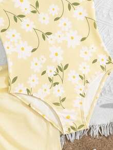 SHEIN Young Girl Cute Plant Floral Print One-Piece Jumpsuit With Ruffle Skirt Set, Fashionable Casual Exquisite, Swimming Vacation Beach - Yellow - View 5