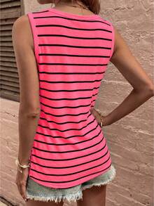 SHEIN Women's New Spring And Summer Style Fitted, Soft And Comfortable Striped Print Button-Up V-Neck Vest. - Pink - View 2