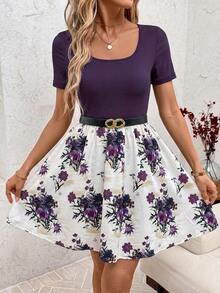 SHEIN Clasi Women's Vacation Ribbed Patchwork Floral Print Short Sleeve Dress Brunch Dark Purple Summer Cute Casual - Purple - View 3