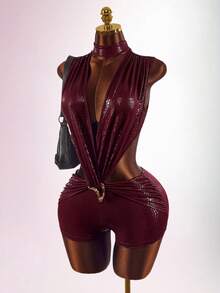 Amplova Women's Tight Burgundy Jumpsuit Backless Deep V-Neck Waist Cutout Snake Skin Pattern Stretchy Summer Club Night Out Night Rave Avant-Garde Sexy - Burgundy - View 3