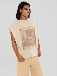 FORM&CHAOS [100% Katun] Tank Top Tanpa Lengan Pria Motif Grunge Vintage Longgar, Warna Beige, Liburan Musim Panas di Kota - Krem - View 1