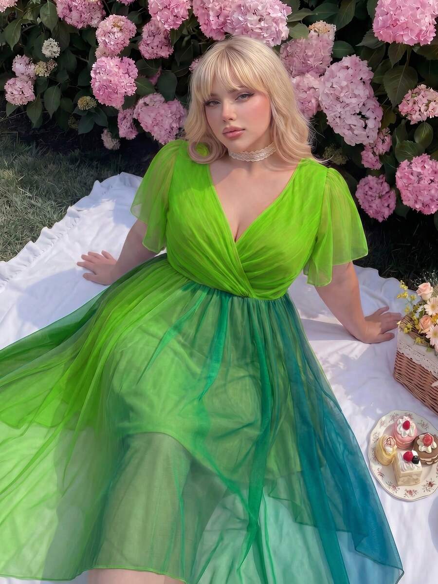 Lyrianda Plus Size Spring/Summer Punk Colorful Gradient Short Sleeve Asymmetrical Hem Dress - Multicolor - View 1