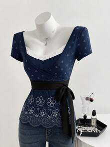 Flirla Women's Summer Vacation Printed Casual 2 In 1 Lace Patchwork Bow Decor Fitted Short Sleeve T-Shirt - Navy Blue - View 1