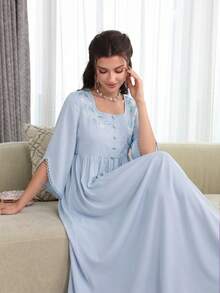 Yasmyna French Square Neck Romantic Purple Embroidered Loose Fit Youthful Long Sleeve Full Skirt Elegant Women's Dress - Blue - View 6