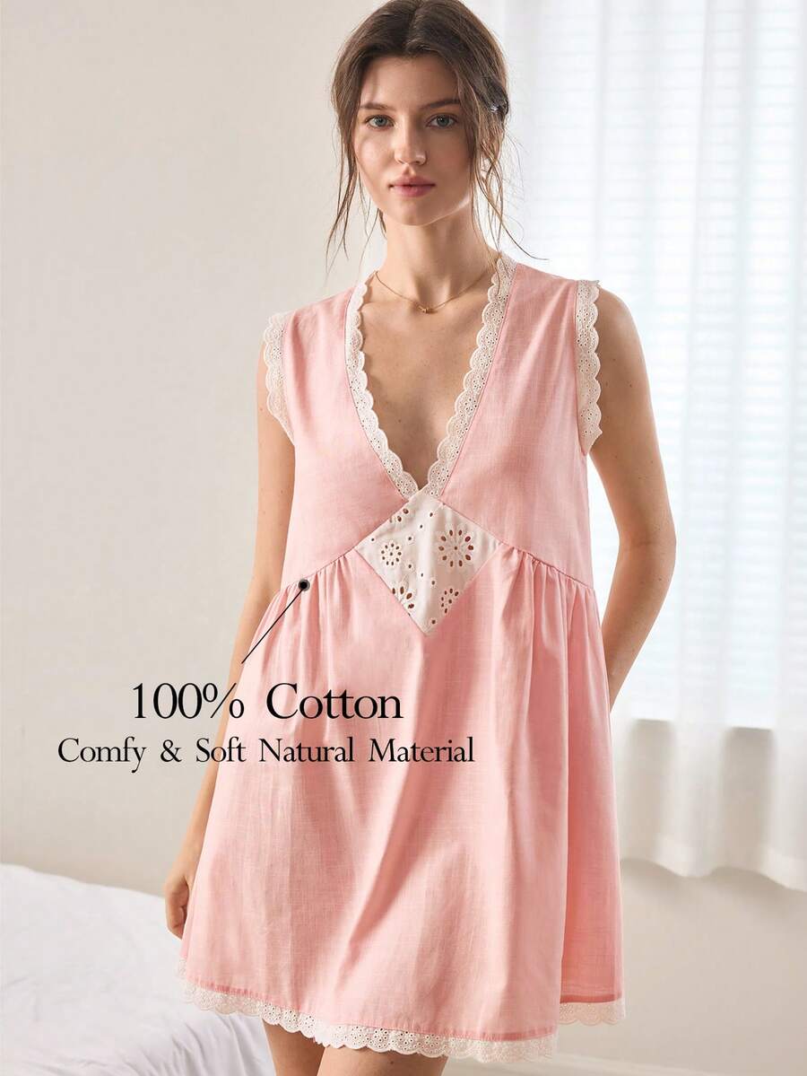 Ocili 100%纯棉刺绣舒适无袖长裙/短款睡袍,时尚秋季女士家居服 - 粉色 - 查看 1