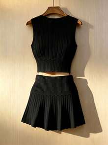 Pariaura Women's Solid Color Ribbed Tank Top And Pleated Mini Skirt Knit Two Pieces Set Everyday Black Summer Casual - Black - View 6