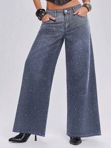 ROMWE Y2k Hot Girl Party Music Festival Outfit Gradient Rhinestone Women's Loose Wide Leg Jeans - Dark Wash - View 5