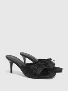 CUCCOO BIZCHIC Elegant Square Toe Bow Elegant Open-Toed Heel Commuter Versatile Slippers Summer - Black - View 6