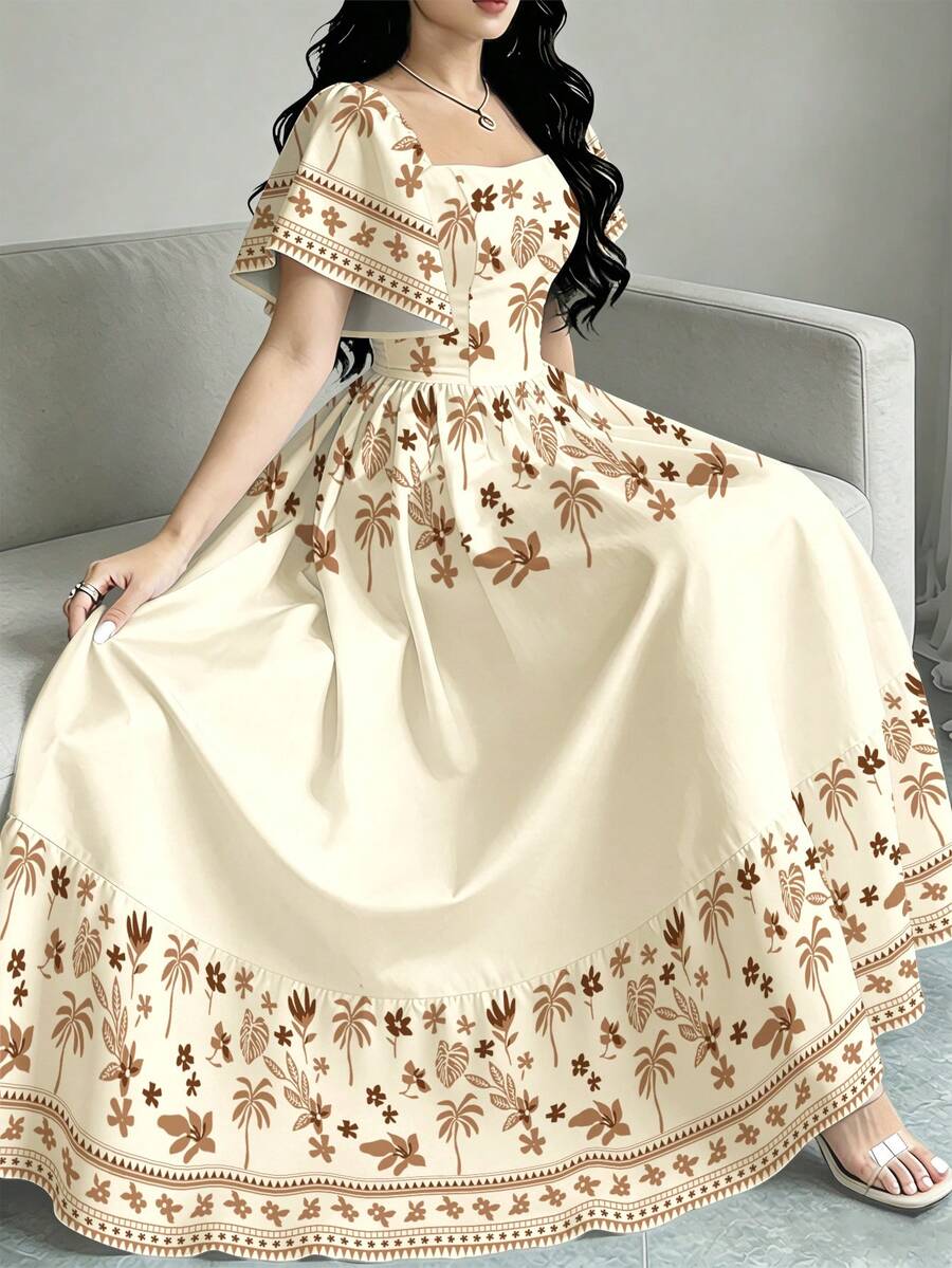 Modelyn Đầm nữ thanh lịch với họa tiết lá rùa, cây dừa, lá rụng và hoa nhỏ, kiểu dáng cổ vuông tay ngắn thời trang với thiết kế xếp nếp ở gấu đầm, phong cách nghỉ hè. - Nhiều màu - Xem 1