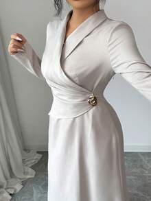 Modelyn Plus Size Elegant Commuter Solid Color Wrap Waist Long Dress Fall - Khaki - View 4