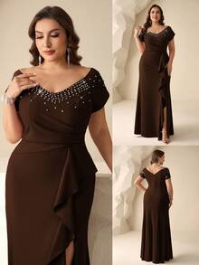 Coutiva Plus Size Women's Rhinestone Decorated Patchwork Ruffle Elegant Bridal Mother Dress - Brown - View 3