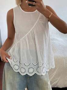 DAZY Solid Color Loose Short Sleeve Round Neck Pleated Casual Vacation Summer Blouse Shirt For Women - White - View 1