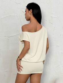 SHEIN PETITE Cutout One Shoulder Short Sleeve Mini Dress, Loose Top & Tight Bottom, Suitable For Young Ladies ,Petite Women - Apricot - View 2